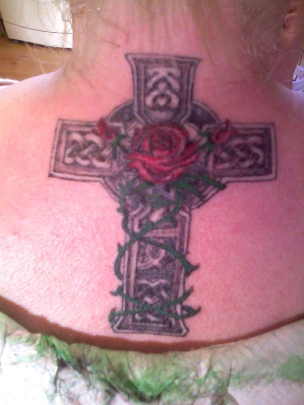 Exotic Celtic Cross With Rose Tattoo For Girls