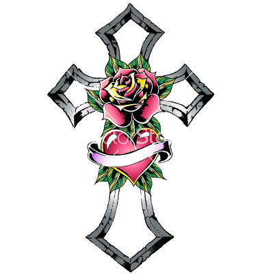 Cross With Rose Garnish Tattoo Vector Pictures