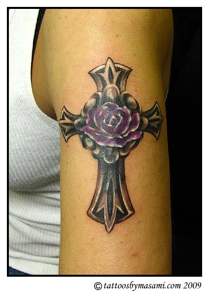 Cross And Rose Cover Up Tattoo For Man