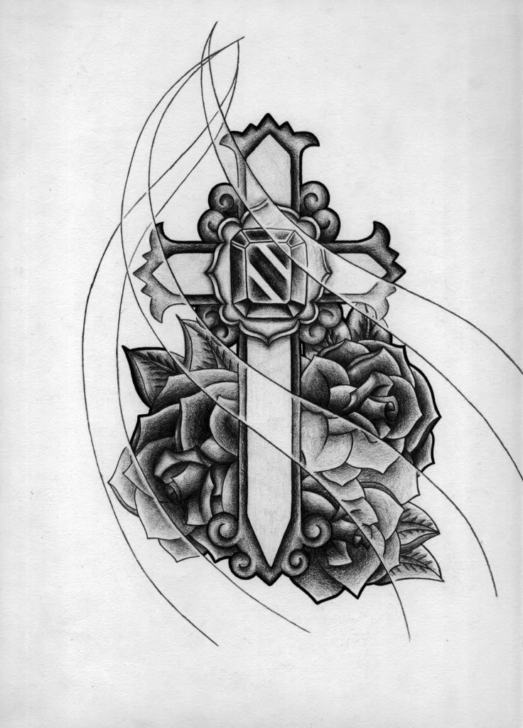 Cross And Roses Tattoo Picture in Black and White Design