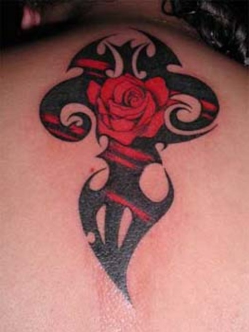 Tribal Cross And Rose Tattoo Picture For Girls