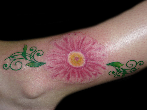 Feminine Pink Daisy Flower Foot / Ankle Tattoo Design for Women