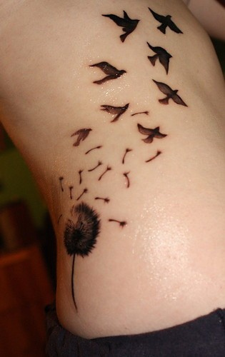 On Ribs Dandelion Birds Tattoo