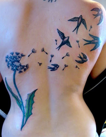 Bird And Dandelion Tattoos On Girls Back [NSFW]