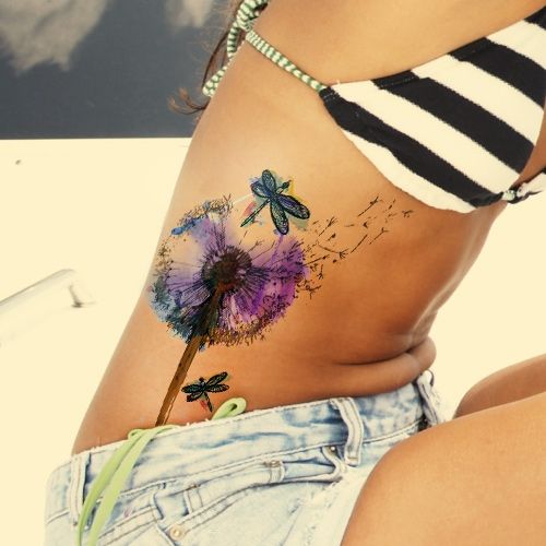 dandelion watercolor tattoo on ribcage