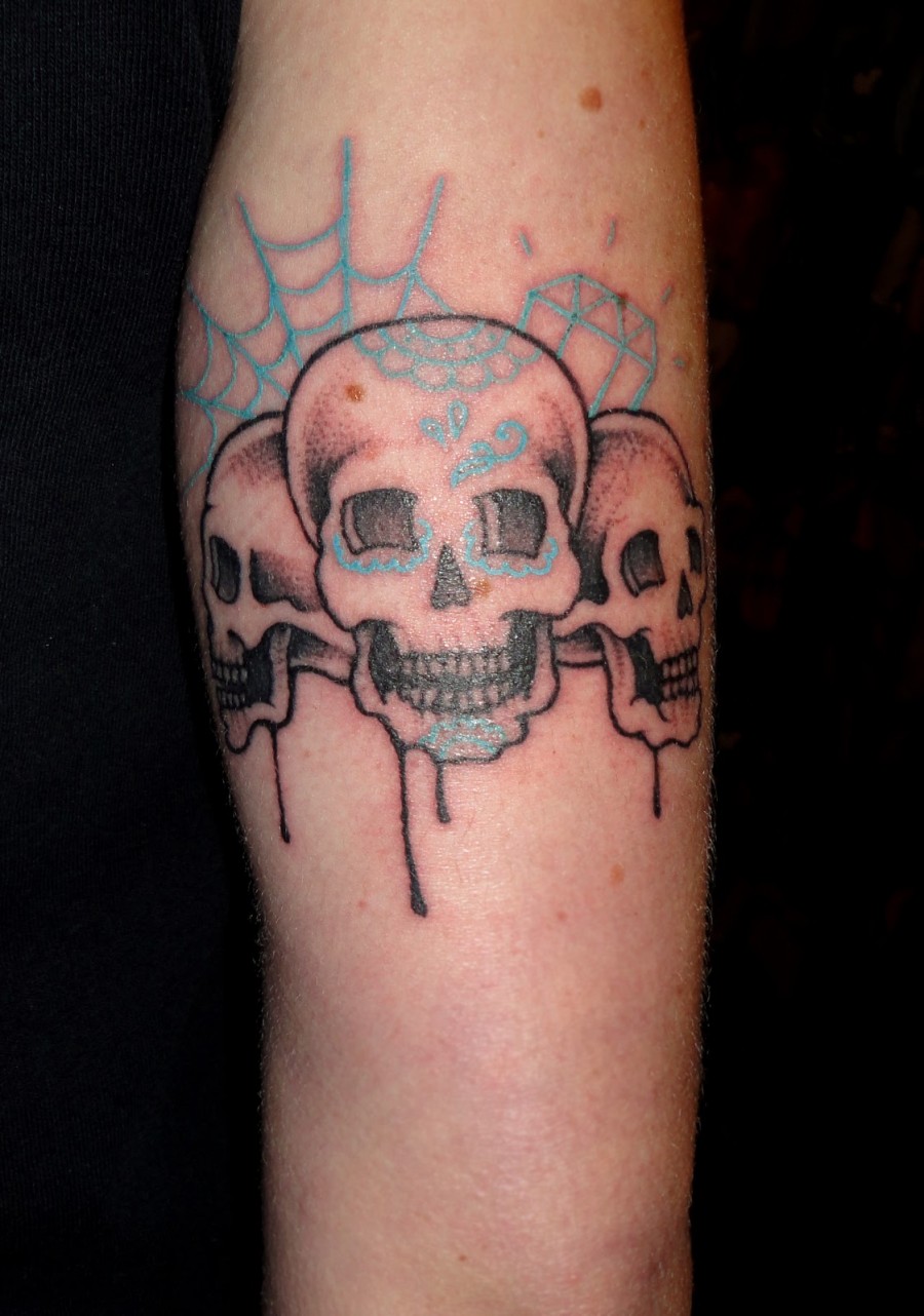 Skulls With Spider Webs And Diamond Girls Tattoo