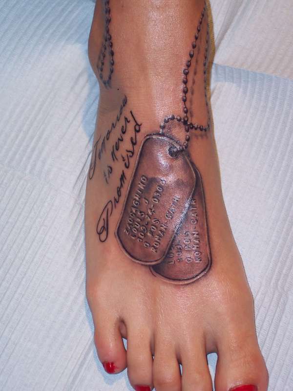 Left Leg Dog Tags Top View Tattoo