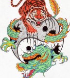 Colorful Tiger and Dragon Tattoo Design