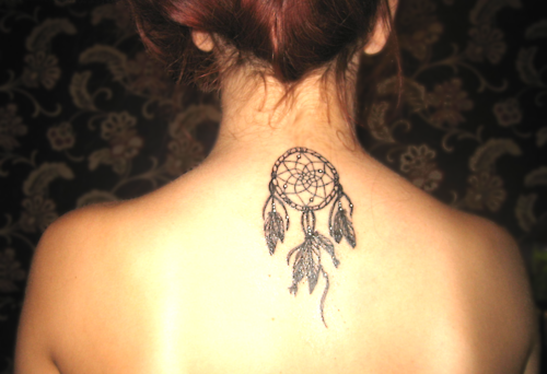 Beautiful Dream Catcher Upper Back Tattoo For Women