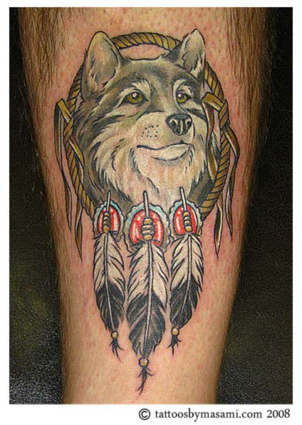 Beautiful Wolf and  Dream Catcher Tattoo Design