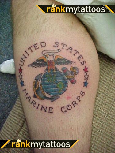 Eagle Globe And Anchor Military Corps Tattoo On Calf