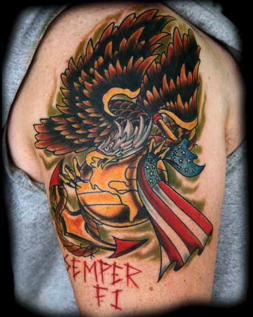 Great Marine Eagle Globe Anchor Tattoo on Shoulder