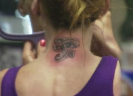 Cute Huros Eye Tattoo Designs on Neck for Women