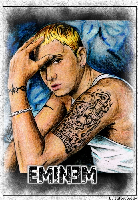 Eminem Portrait Showng His Left Arm Tattoos