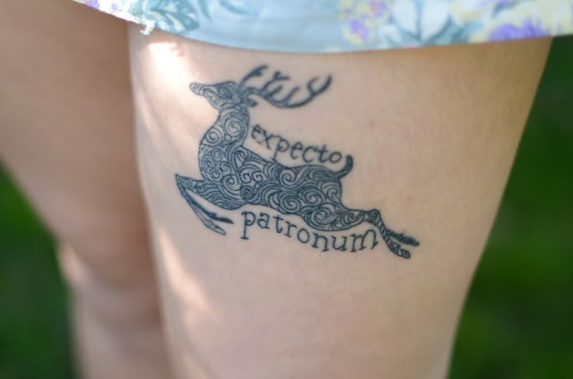 Cool Expecto Patronum Spell with Swirly Design Running Deer Tattoo on Thigh