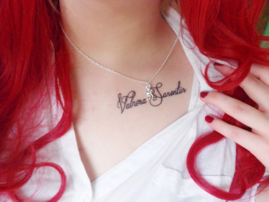 Cool Harry Potter “Vulnera Sanentur[” Magic Spell Tattoo Design for Girls