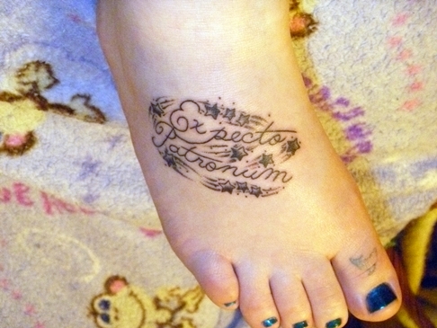 Flying Stars Expecto Patronum Spell Tattoo Design on Leg for Women