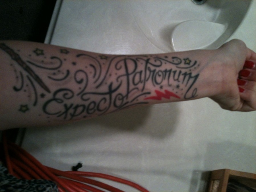 Amazing Swirly Art Expecto Patronum Tattoo on Inner Lower Arm