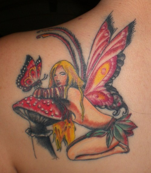 Sweet Fairy Shaped Girls Tattoo Design on Left Shoulder