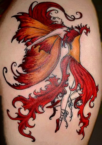 Red Orange Fairy Shaped Full Tattoo Design