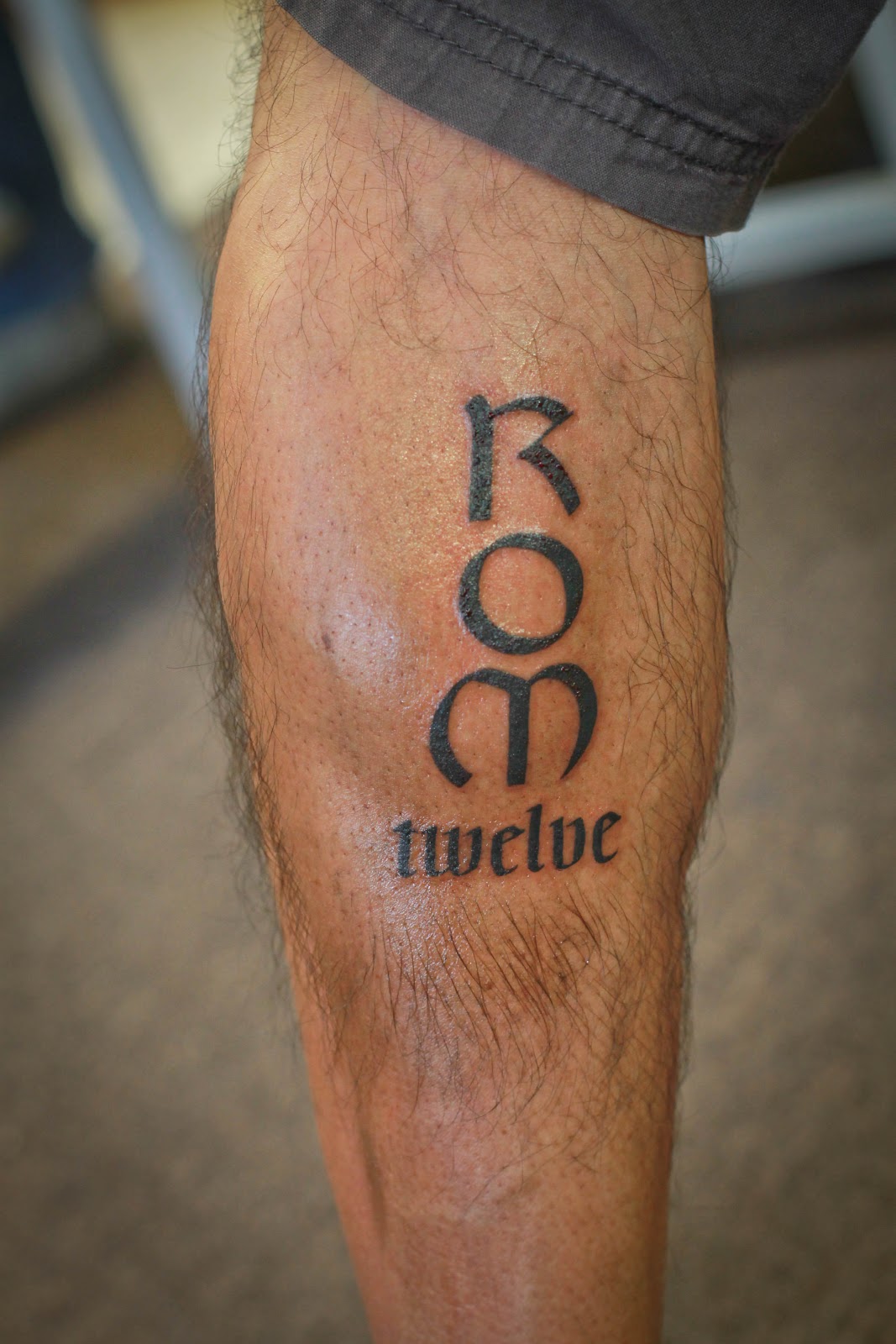 Lettering ROM Twelve - Leg Tattoo Design, Faith Quote Tattoos.