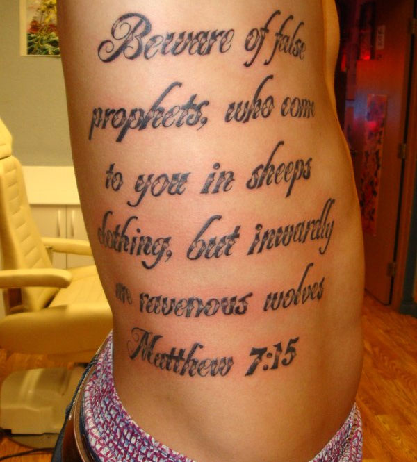 Awesome Rib-cage Bible Verse “Matthew 7:15” Tattoo Designs for Men