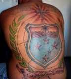 Awesome Full Back Cross and Logo Tattoo Design for Men