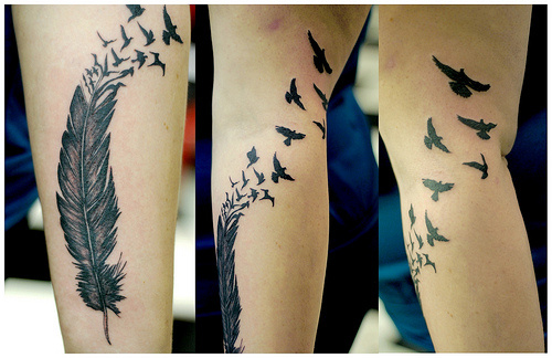Unique Artistic Feather And Bird Leg Tattoo Design