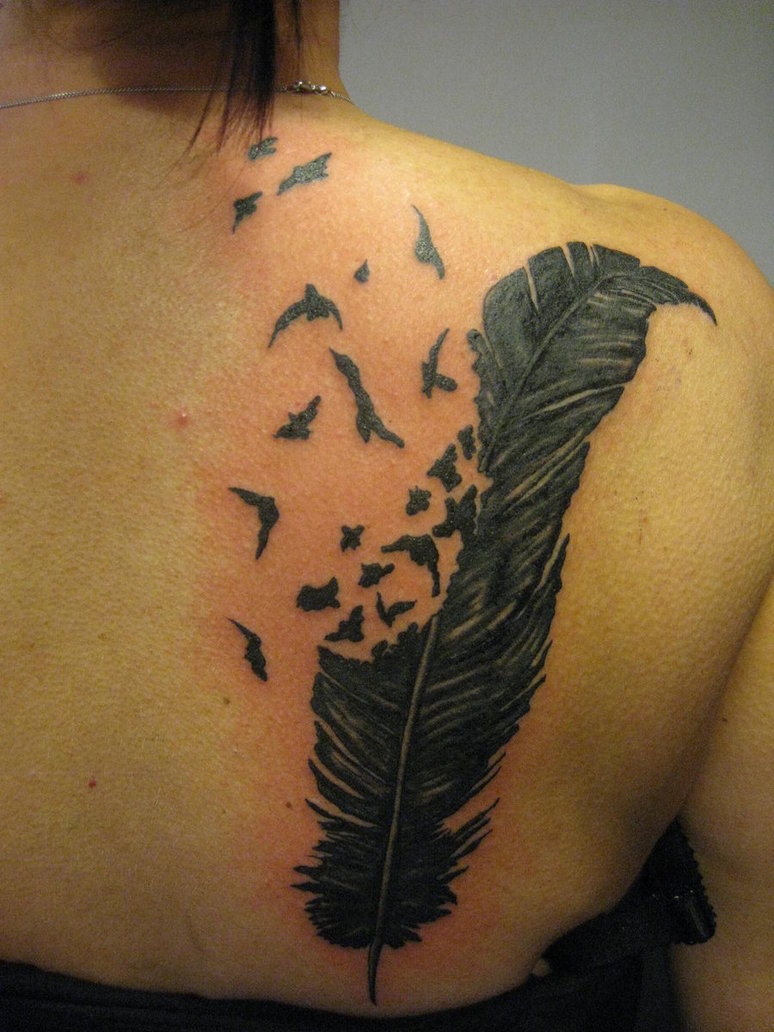 Bird Crow Feather Tattoos On The Upper Back