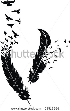 Two Stylized Feathers With Scattering Birds