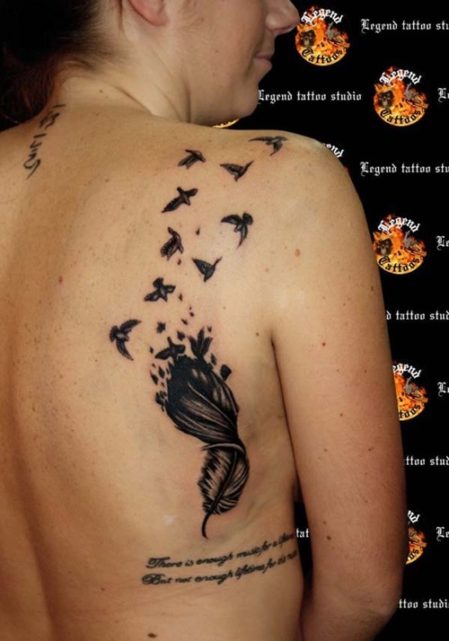 Quote Feather Bird Tattoo on Women Back, Awesome! (NSFW)