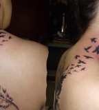 Feather into Birds Tattoo from Back Shoulder to Side Neck, Gorgeous!