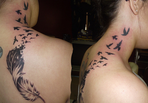 Feather into Birds Tattoo from Back Shoulder to Side Neck, Gorgeous!