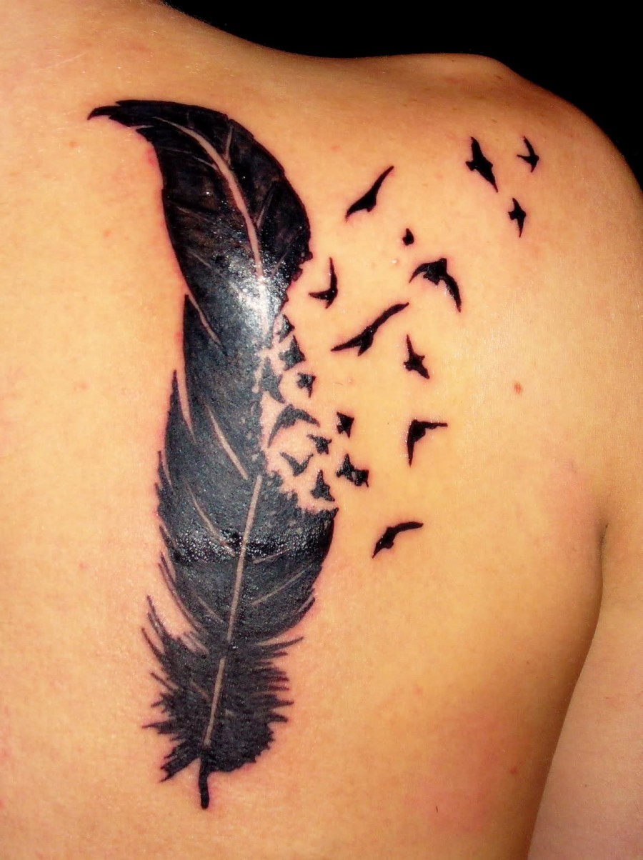 Amazing Feather into Birds Back Tattoo