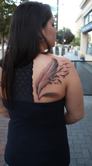Cool Birds of A Feather Tattoo on Women Back Shoulder