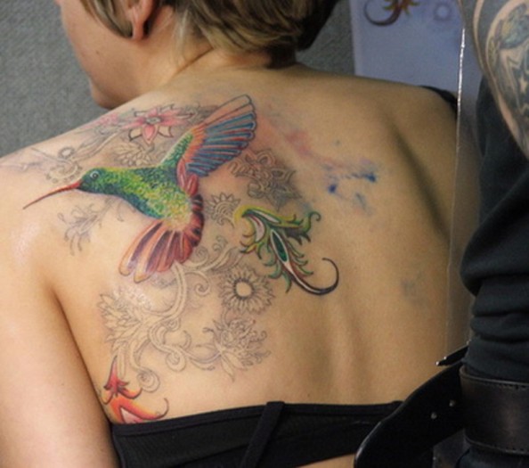 Beautiful Swirly Flowers and Hummingbird Back Tattoo Designs for Women