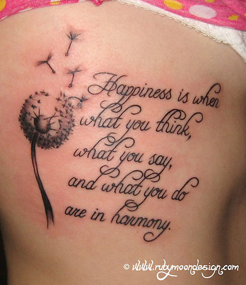 Feminine “Happiness” Life Quote Rib-cage Tattoo Design for Women
