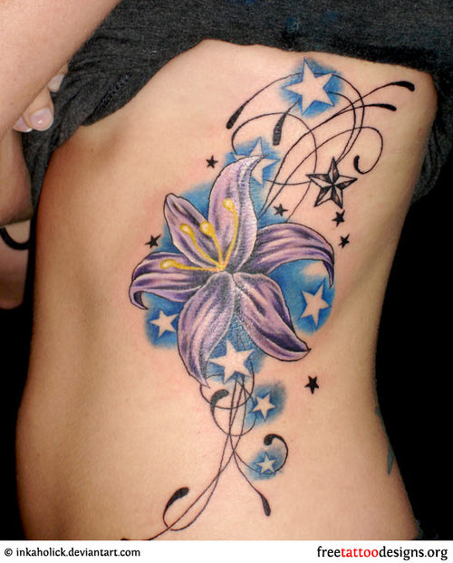 Feminine Swirly Flowers and Stars Rib-cage / Hip Tattoo Design for Women