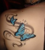 Feminine Sparkly Blue Butterfly Upper-back / Shoulder Tattoo Designs for Women
