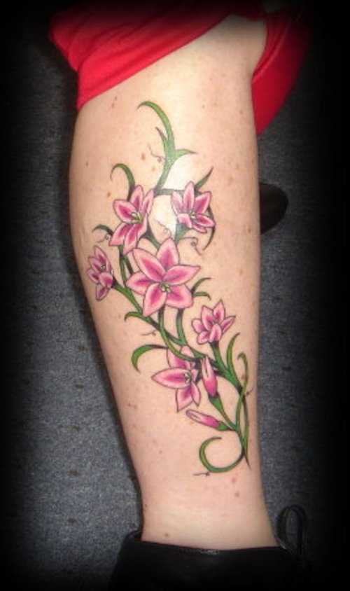 Feminine Swirly Flowers Leg-Tattoo Design for Women – Flowers Tattoo