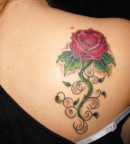Beautiful Feminine Red Rose Upper-back Tattoo Designs for Women
