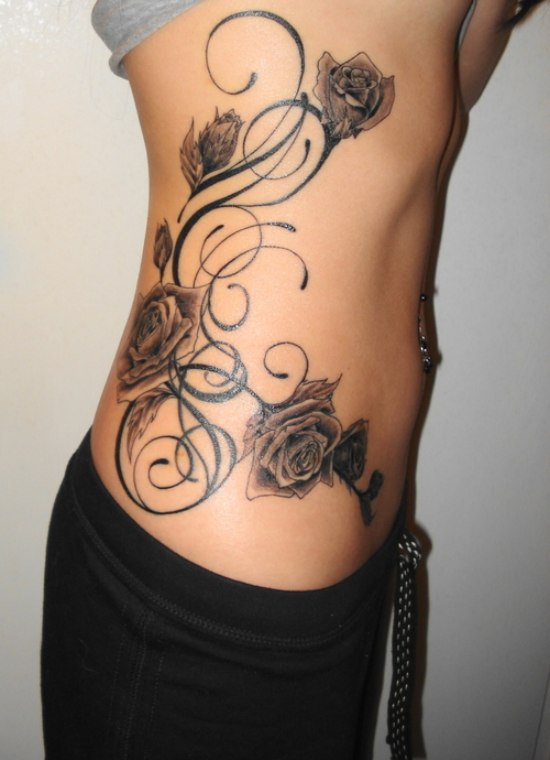 Beautiful Swirly Black-Rose Hip / Rib Tattoo Designs for Women - Flowers Tattoos