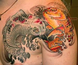Black Koi Fish Tattoo On Men Shoulder