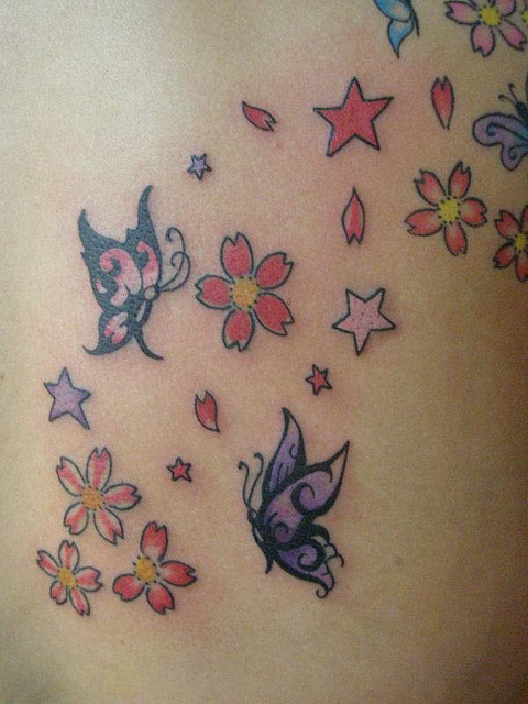 Butterflies Flowers And Star Tattoo For Girl