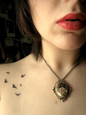 Flying Bird Silhouette Tattoo On Girl Shoulder