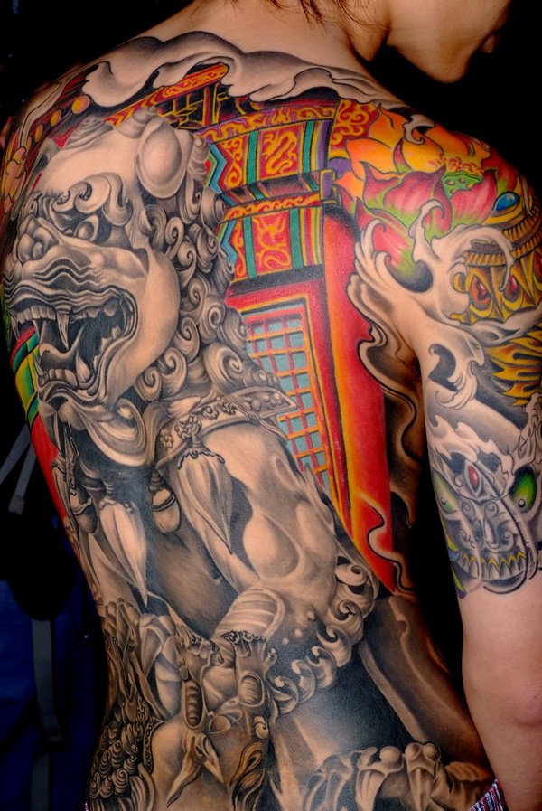 Colorful Foo Dog Tattoo Designs Back to Upperarm