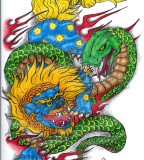 Foo Dog And Serpent Tattoo Design
