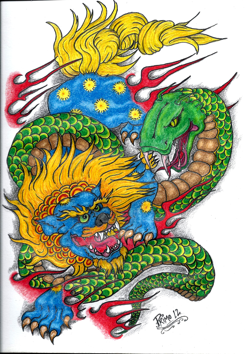 Foo Dog And Serpent Tattoo Design