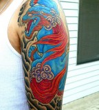 Red And Blue Foo Dog Tattoo Sleeve Ink Art Tattoos