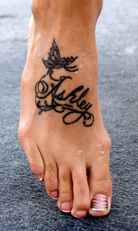Lettering and Butterfly Tattoo Design on Foot
